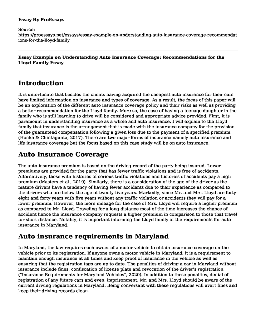 Essay Example on Understanding Auto Insurance Coverage: Recommendations for the Lloyd Family
