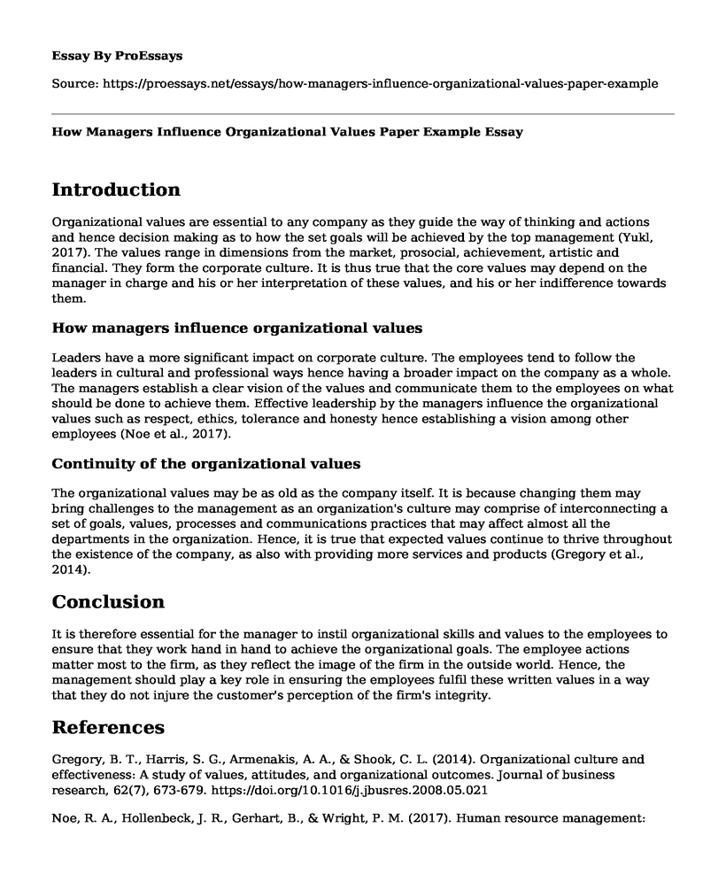 How Managers Influence Organizational Values Paper Example