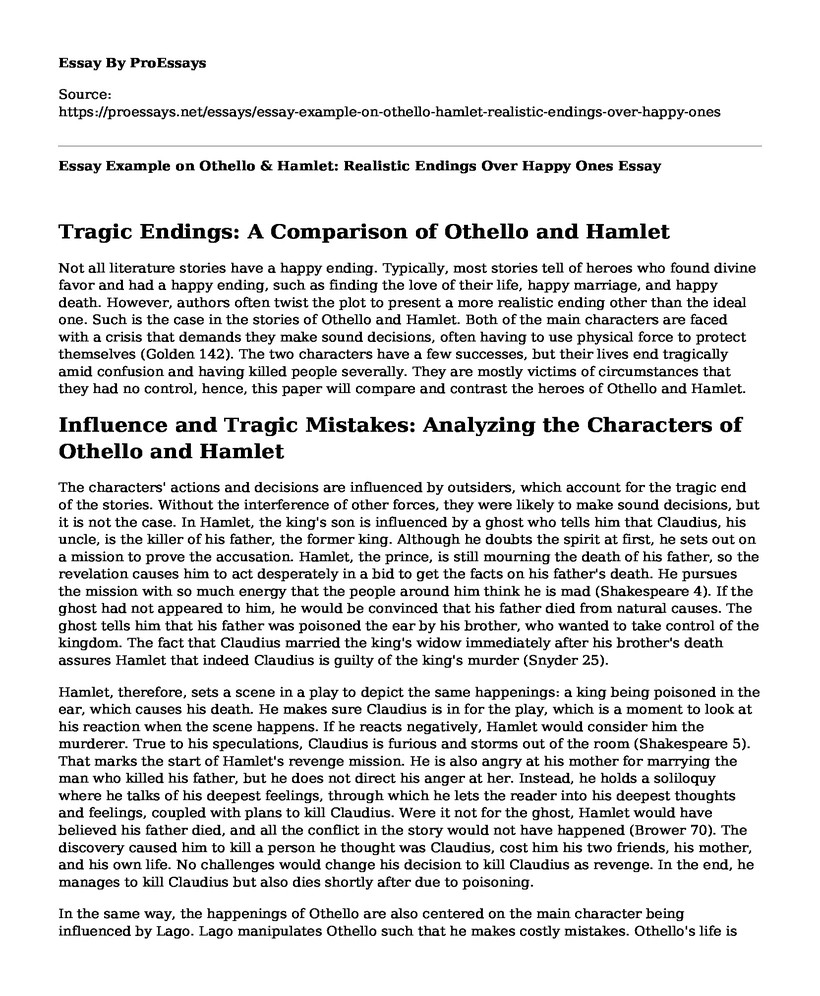 Essay Example on Othello & Hamlet: Realistic Endings Over Happy Ones