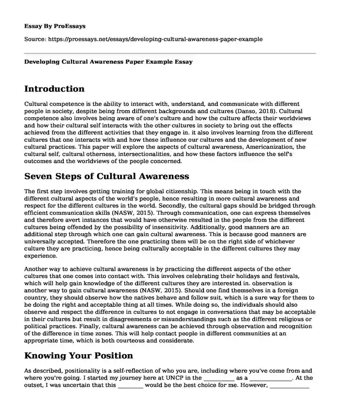 Developing Cultural Awareness Paper Example