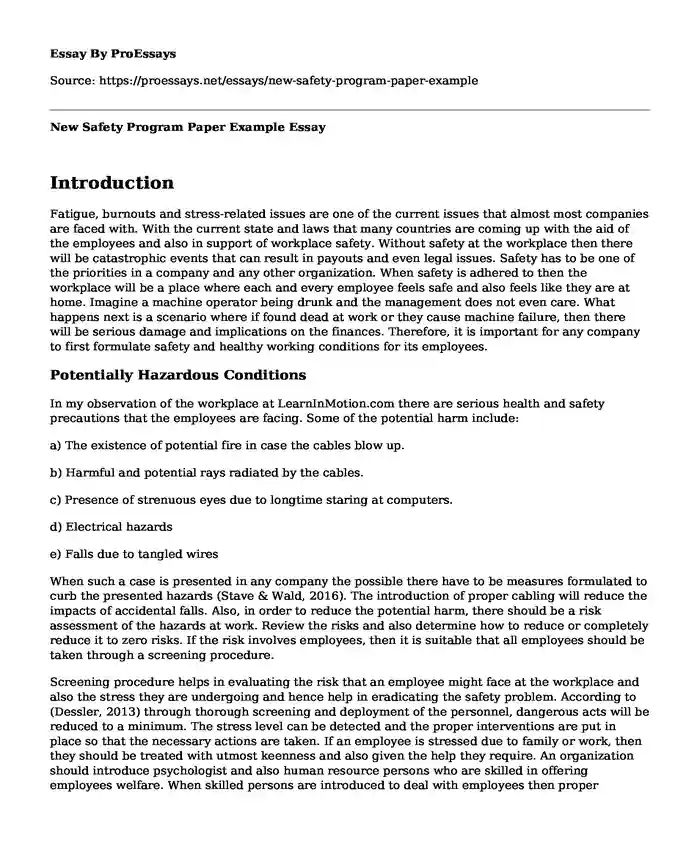 New Safety Program Paper Example