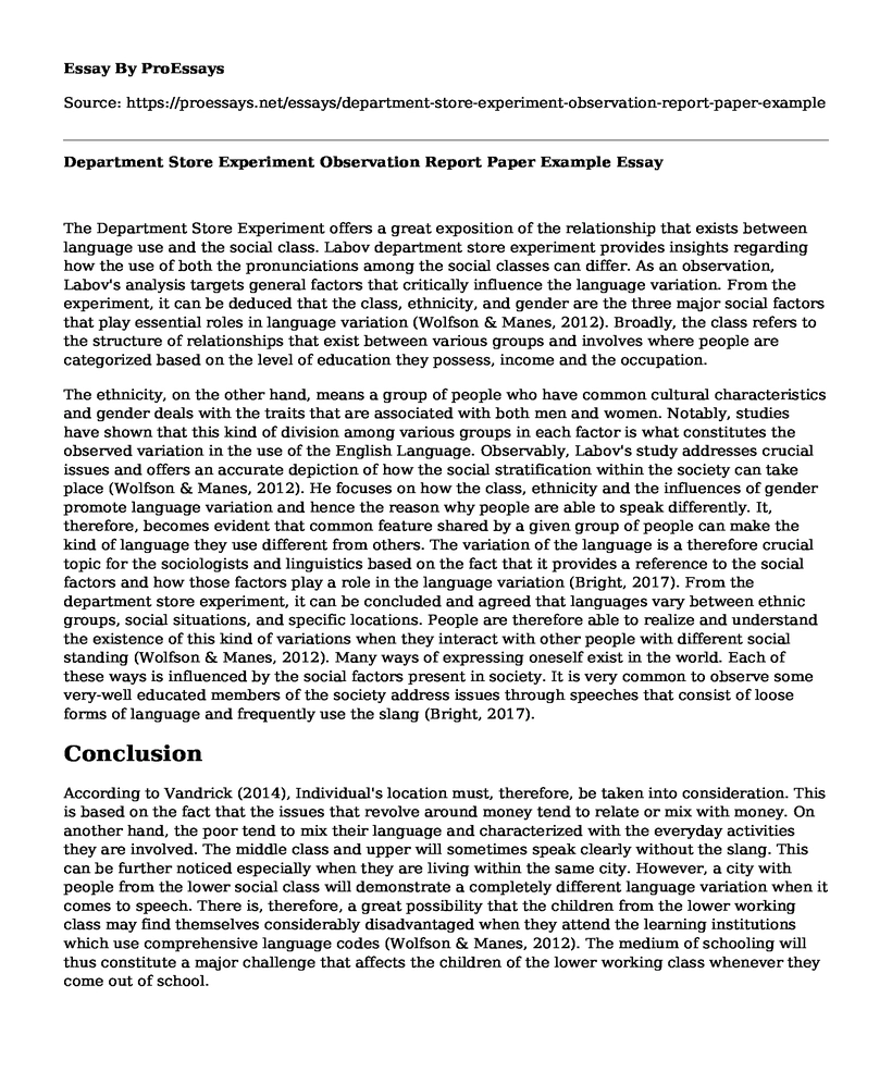 Department Store Experiment Observation Report Paper Example