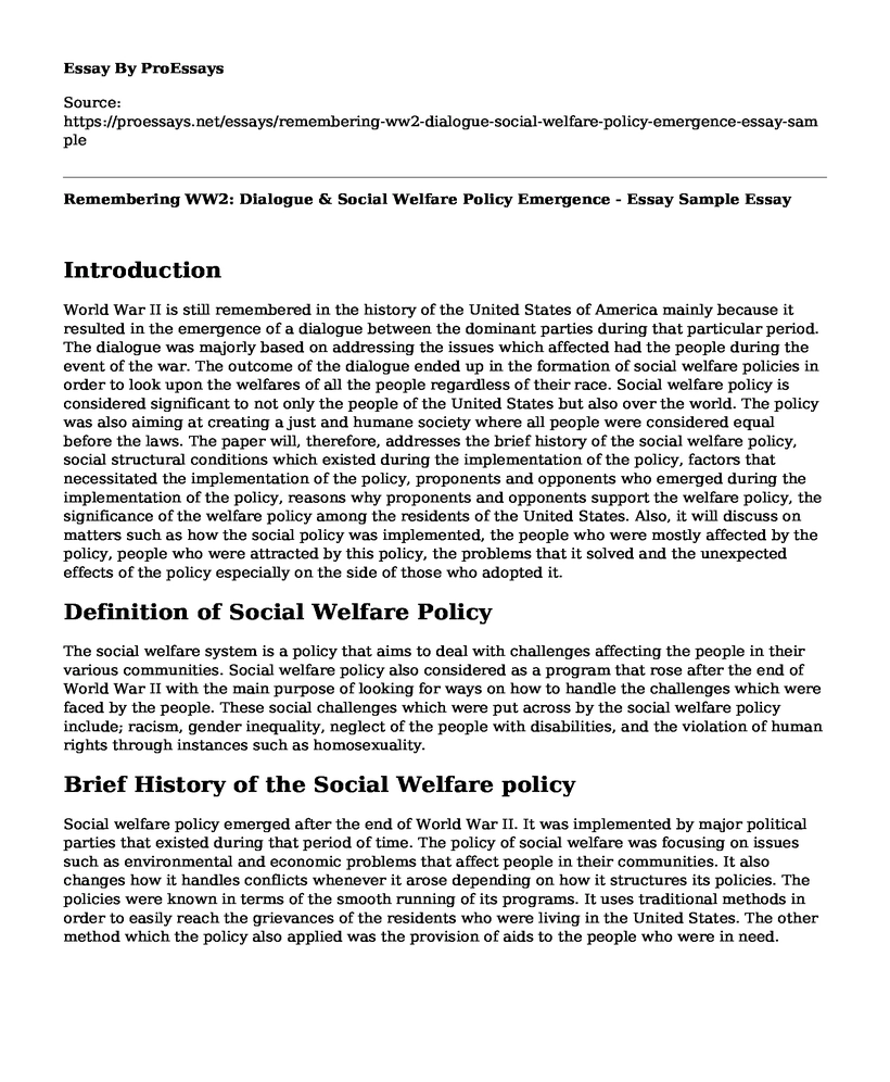 Remembering WW2: Dialogue & Social Welfare Policy Emergence - Essay Sample