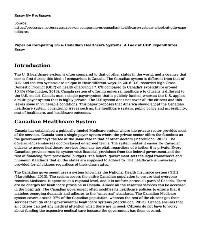 Paper on Comparing US & Canadian Healthcare Systems: A Look at GDP Expenditures