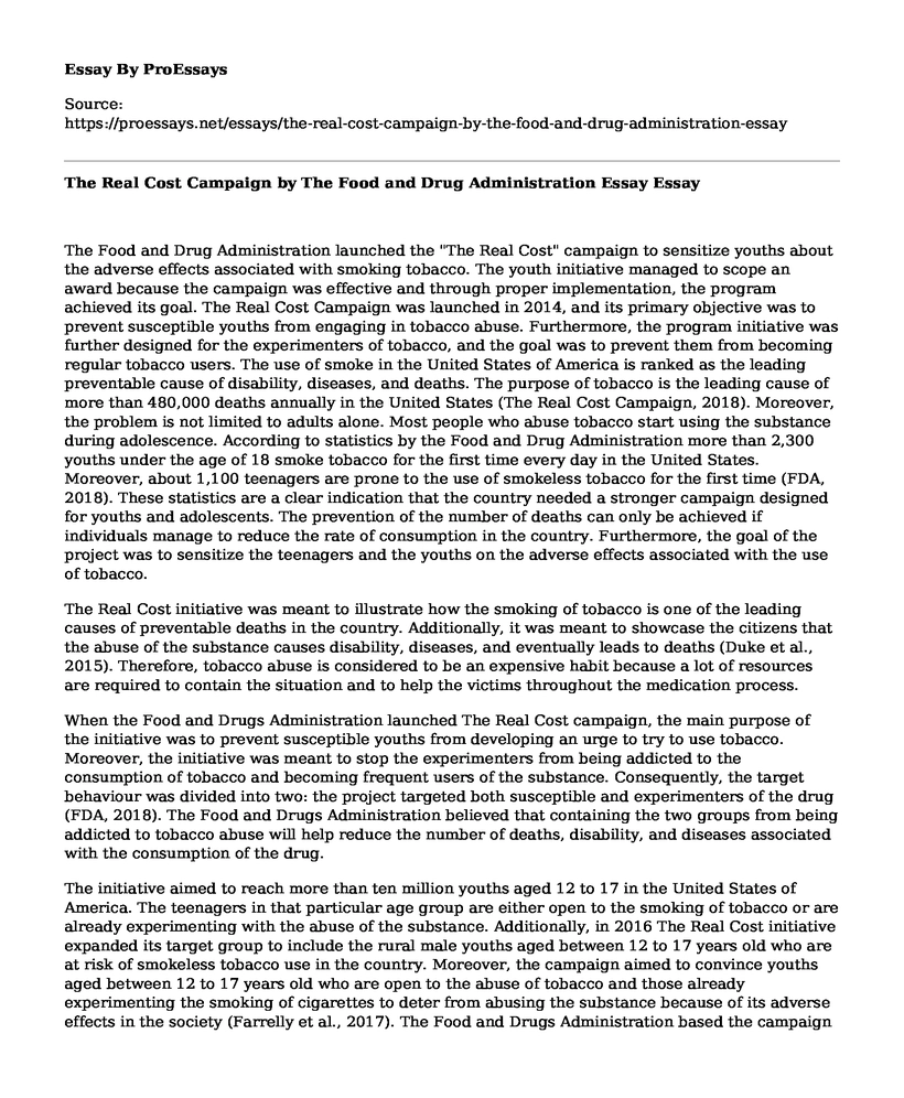 The Real Cost Campaign by The Food and Drug Administration Essay