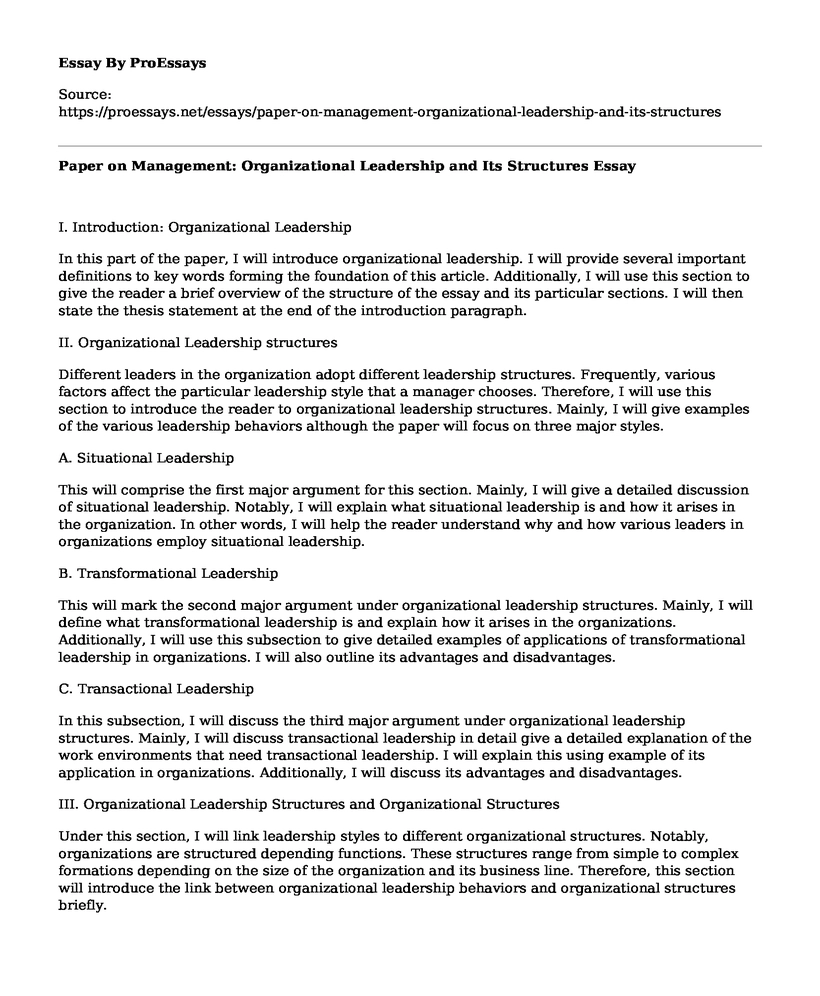 Paper on Management: Organizational Leadership and Its Structures