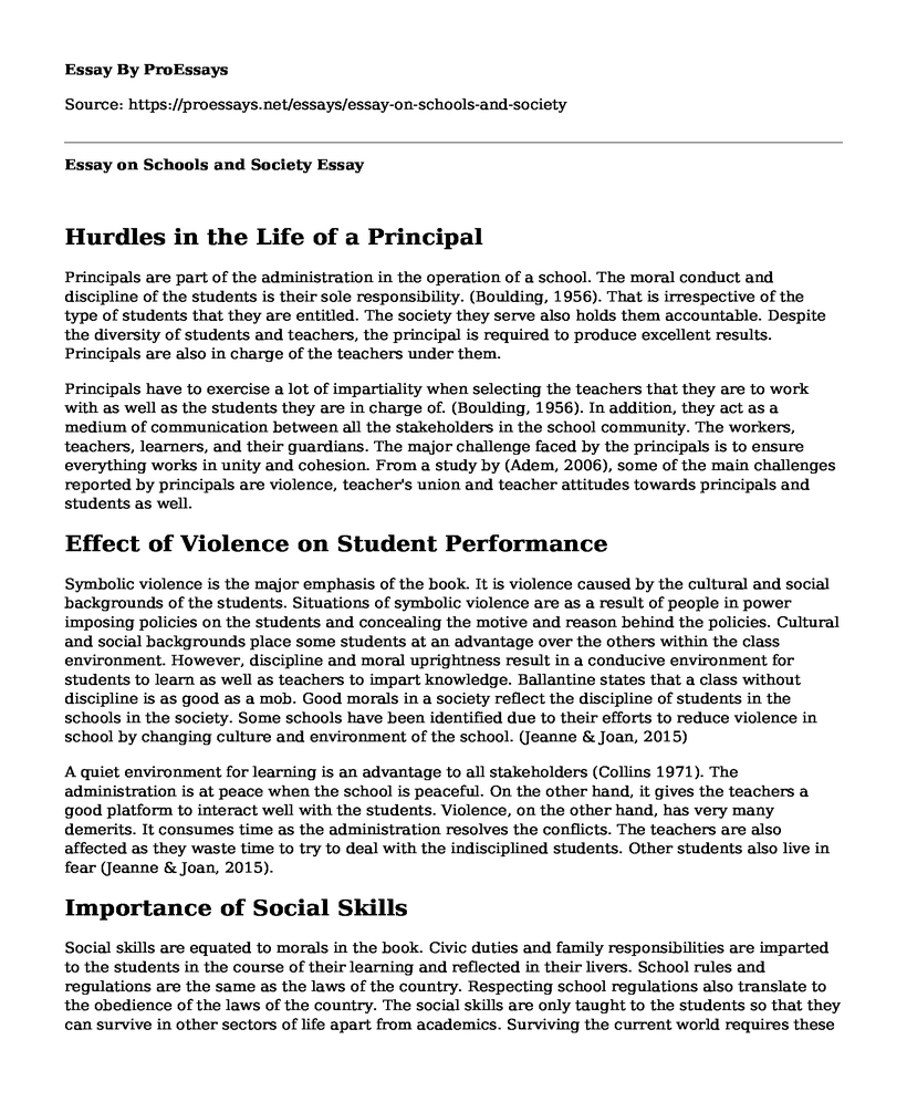 Essay on Schools and Society
