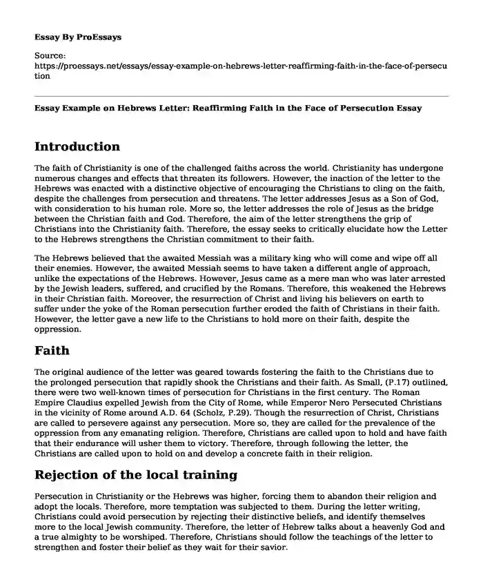 Essay Example on Hebrews Letter: Reaffirming Faith in the Face of Persecution