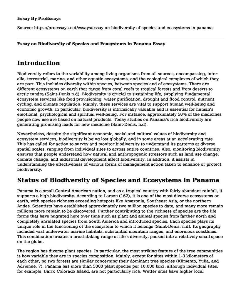 Essay on Biodiversity of Species and Ecosystems in Panama