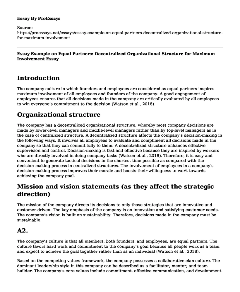 Essay Example on Equal Partners: Decentralized Organizational Structure for Maximum Involvement