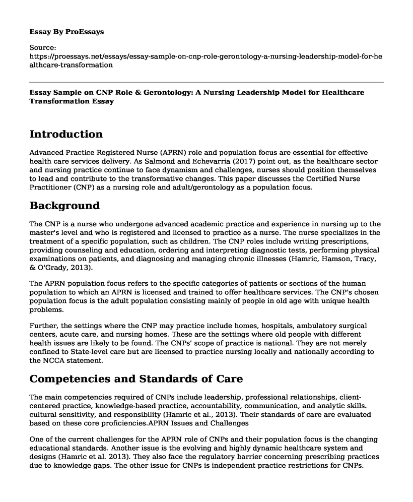 Essay Sample on CNP Role & Gerontology: A Nursing Leadership Model for Healthcare Transformation