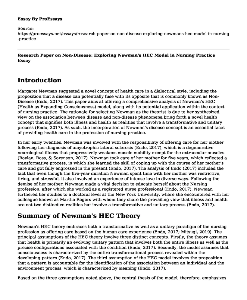 Research Paper on Non-Disease: Exploring Newman's HEC Model in Nursing Practice