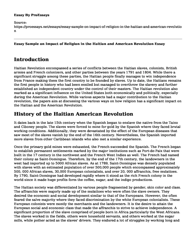 Essay Sample on Impact of Religion in the Haitian and American Revolution