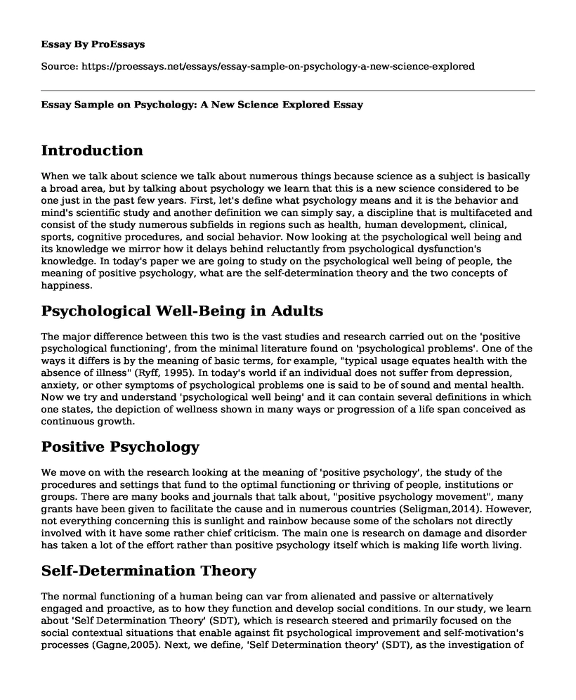 Essay Sample on Psychology: A New Science Explored