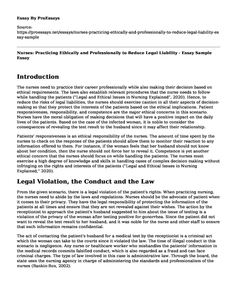 Nurses: Practicing Ethically and Professionally to Reduce Legal Liability - Essay Sample
