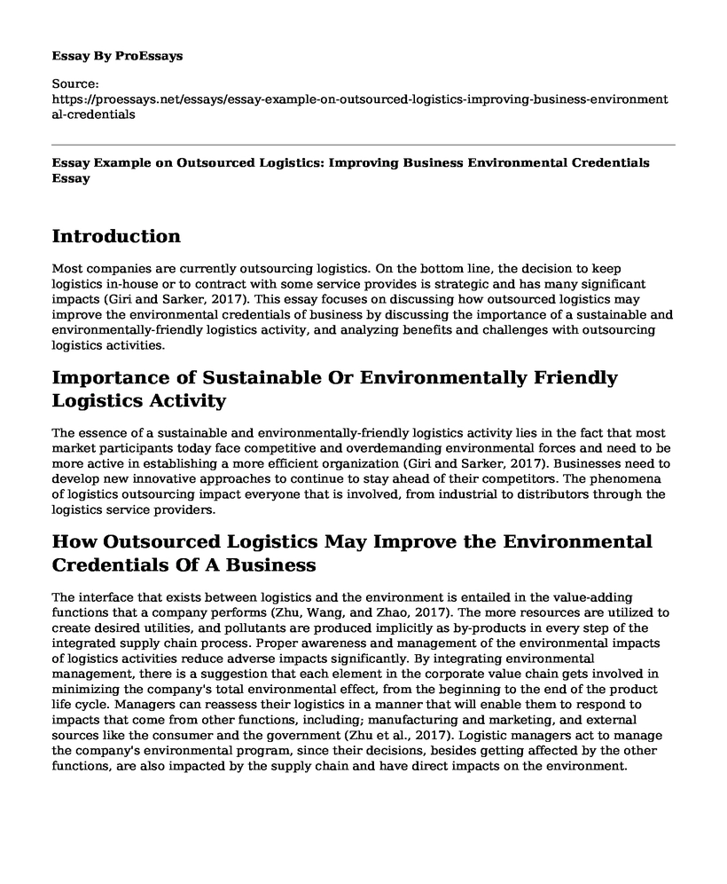 Essay Example on Outsourced Logistics: Improving Business Environmental Credentials