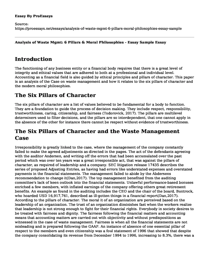 Analysis of Waste Mgmt: 6 Pillars & Moral Philosophies - Essay Sample
