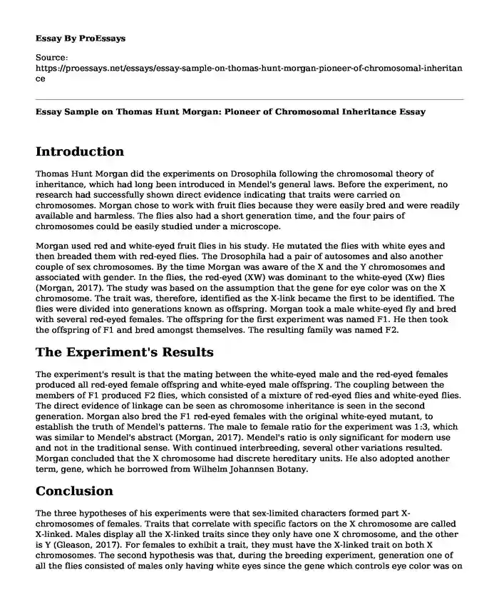 Essay Sample on Thomas Hunt Morgan: Pioneer of Chromosomal Inheritance