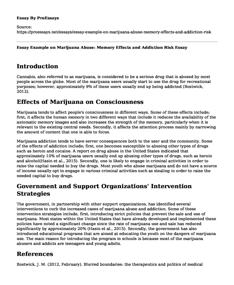 Essay Example on Marijuana Abuse: Memory Effects and Addiction Risk