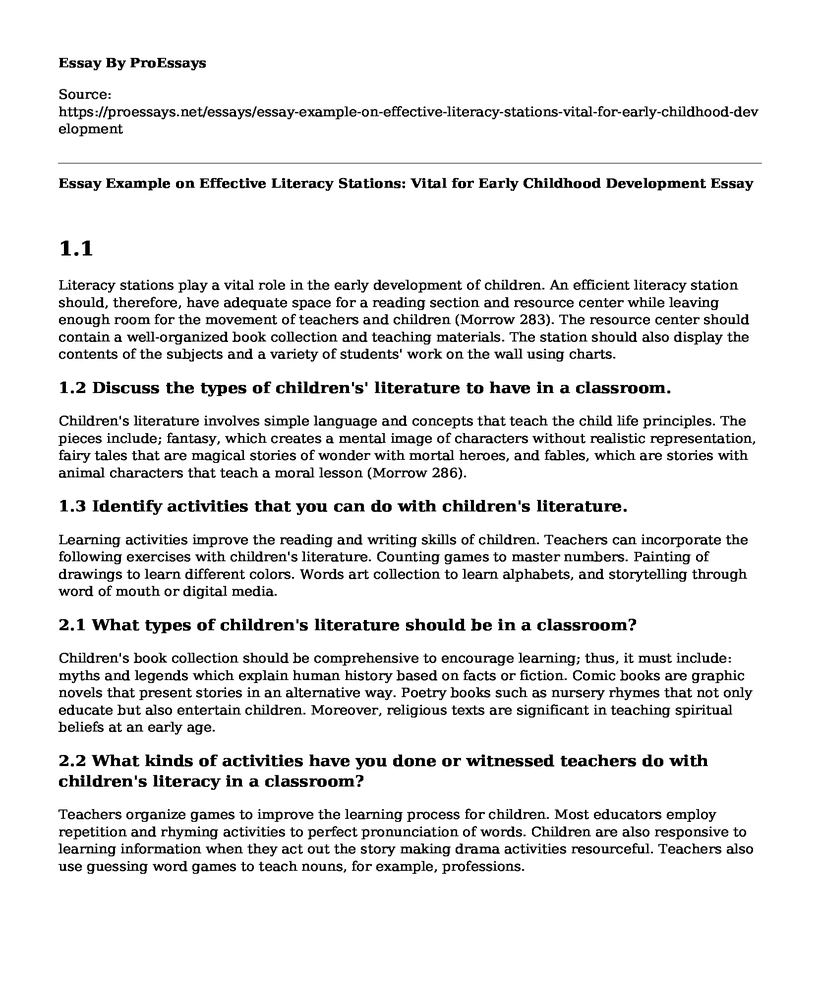 Essay Example on Effective Literacy Stations: Vital for Early Childhood Development