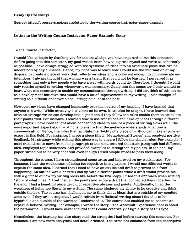 Letter to the Writing Course Instructor Paper Example