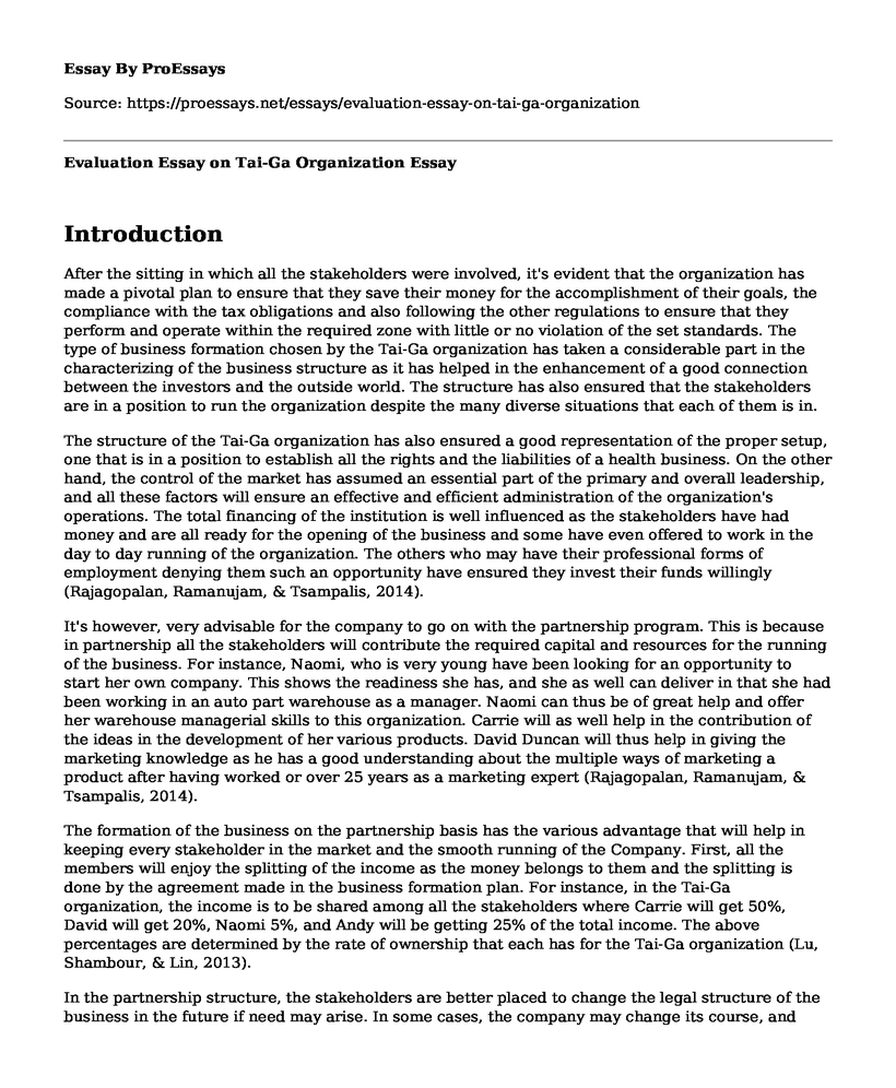 Evaluation Essay on Tai-Ga Organization 