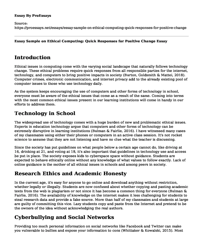 Essay Sample on Ethical Computing: Quick Responses for Positive Change