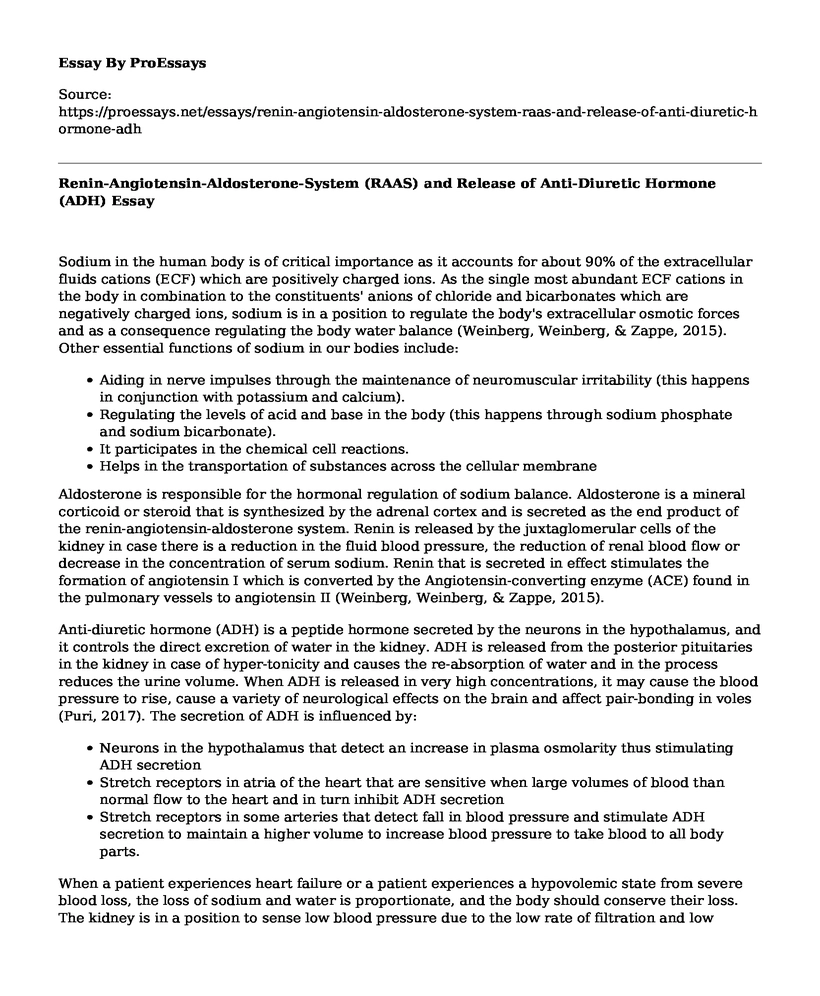 Renin-Angiotensin-Aldosterone-System (RAAS) and Release of Anti-Diuretic Hormone (ADH)