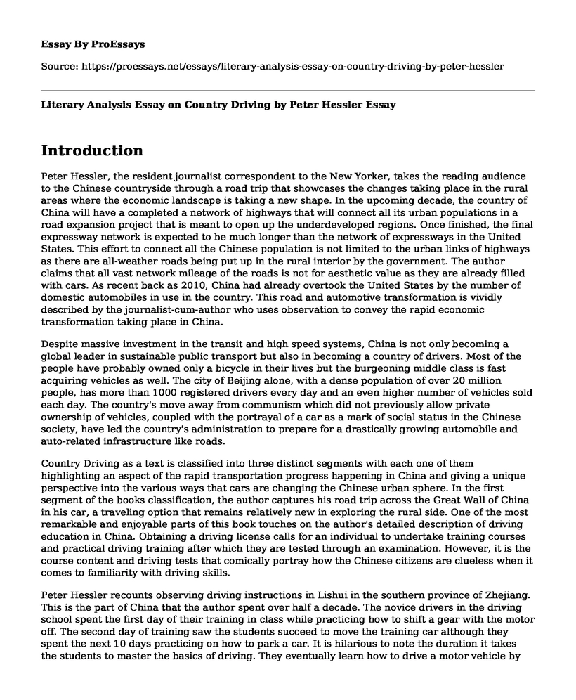 Literary Analysis Essay on Country Driving by Peter Hessler