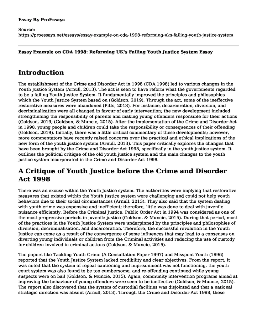 Essay Example on CDA 1998: Reforming UK's Failing Youth Justice System