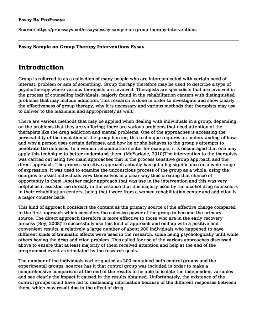 Essay Sample on Group Therapy Interventions