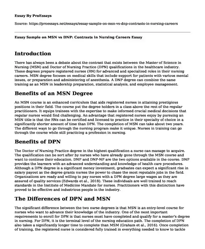 Essay Sample on MSN vs DNP: Contrasts in Nursing Careers