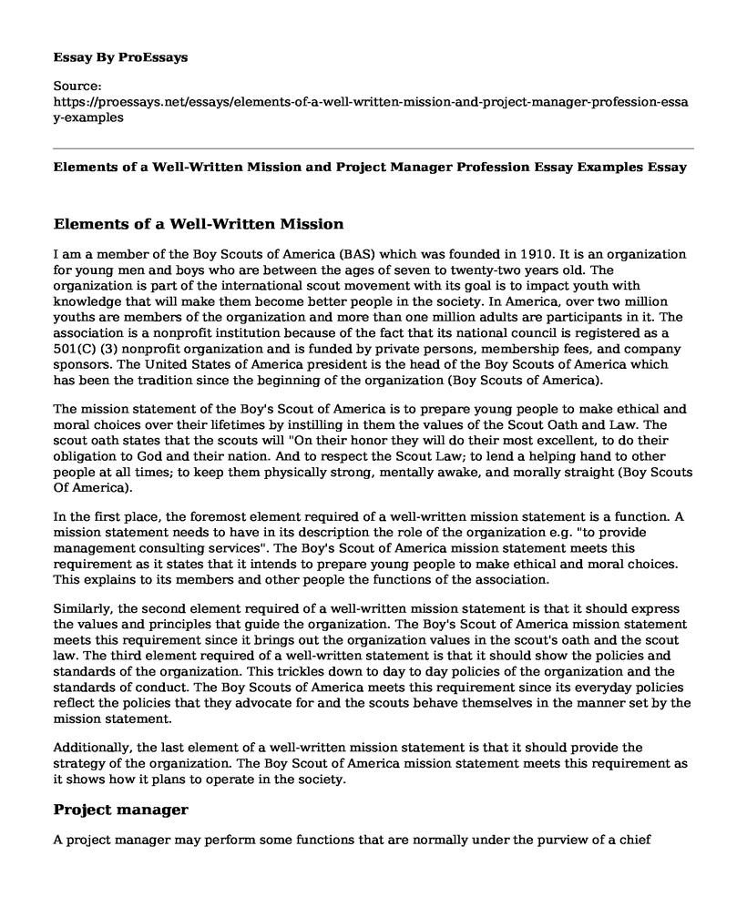 Elements of a Well-Written Mission and Project Manager Profession Essay Examples