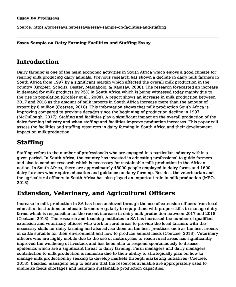 Essay Sample on Dairy Farming Facilities and Staffing