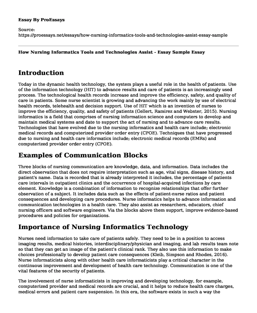How Nursing Informatics Tools and Technologies Assist - Essay Sample