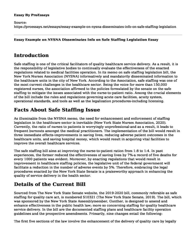 Essay Example on NYSNA Disseminates Info on Safe Staffing Legislation