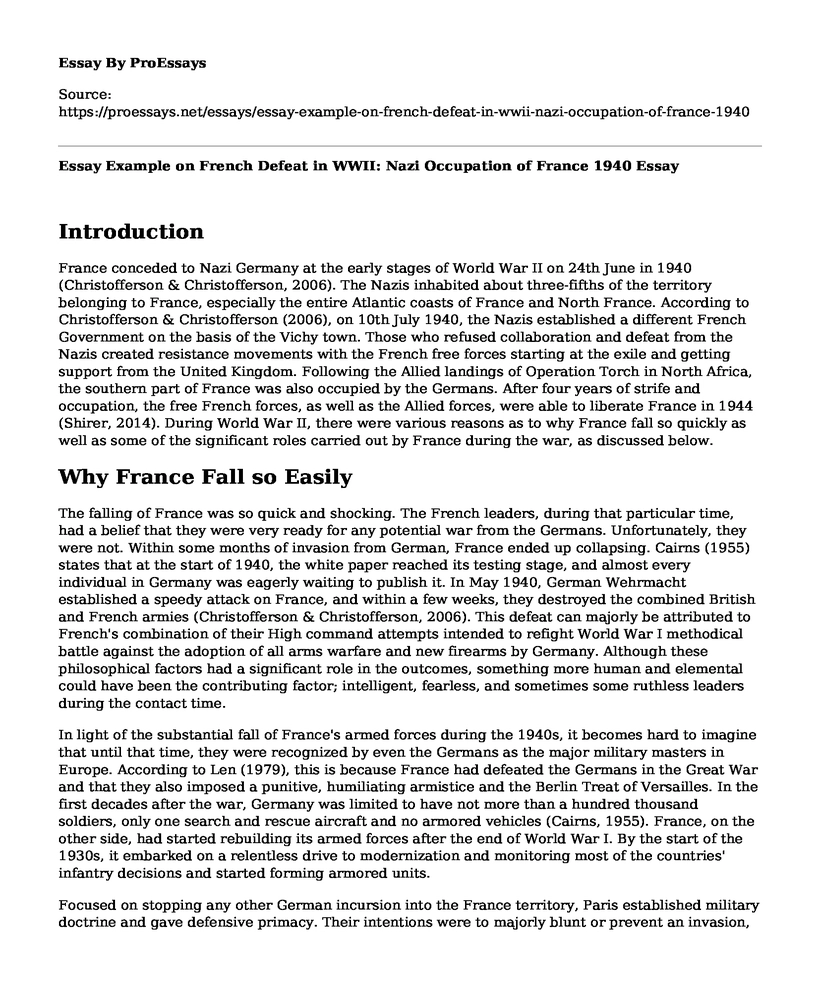 Essay Example on French Defeat in WWII: Nazi Occupation of France 1940
