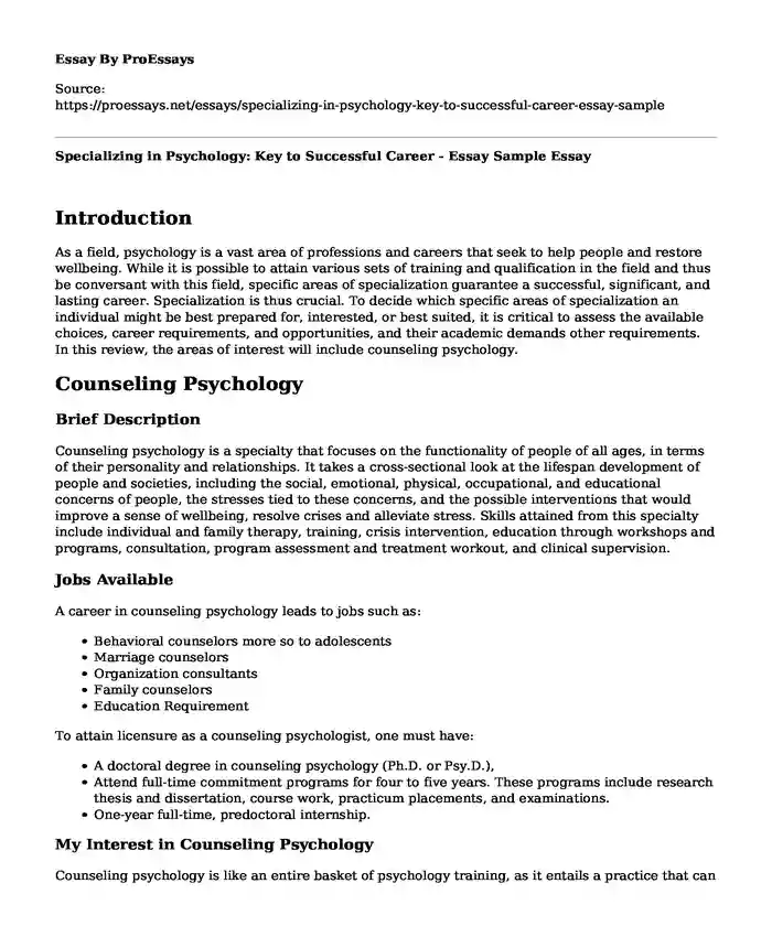 Specializing in Psychology: Key to Successful Career - Essay Sample