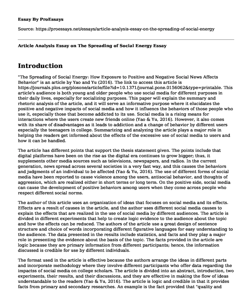 Article Analysis Essay on The Spreading of Social Energy