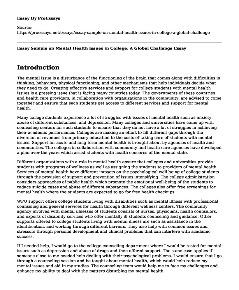 Essay Sample on Mental Health Issues in College: A Global Challenge