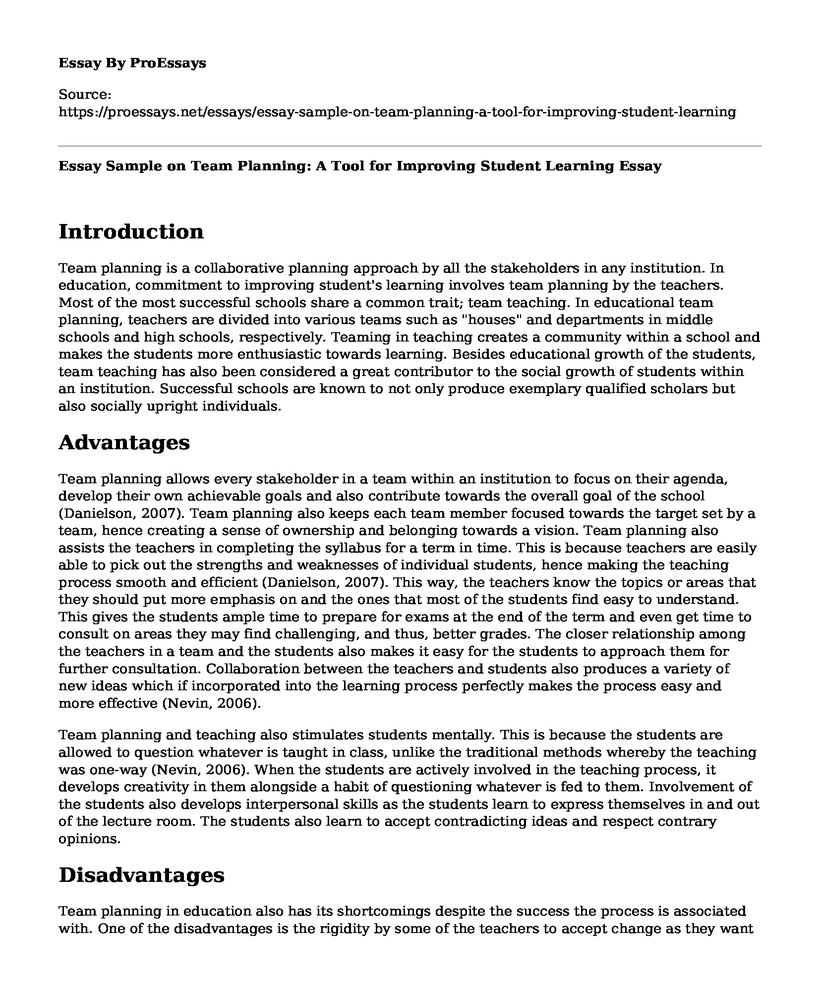 Essay Sample on Team Planning: A Tool for Improving Student Learning