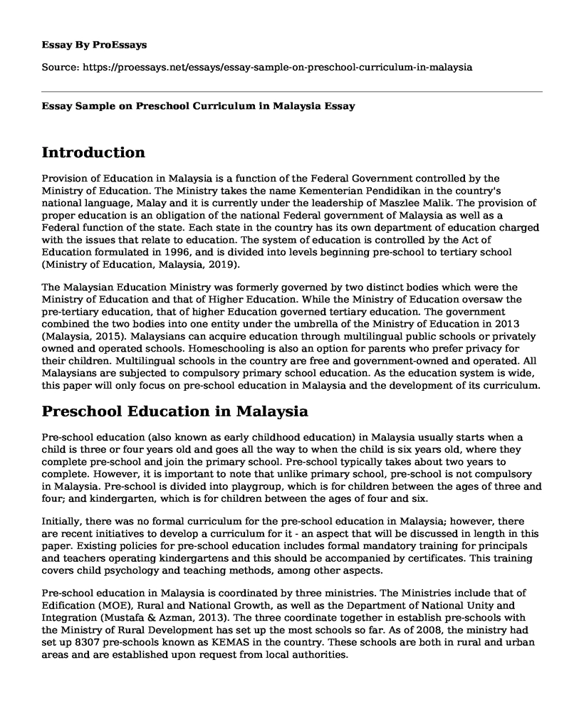 Essay Sample on Preschool Curriculum in Malaysia