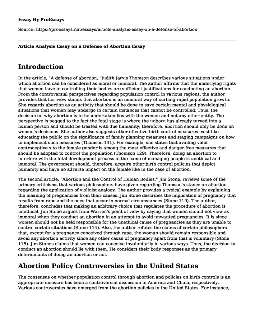Article Analysis Essay on a Defense of Abortion