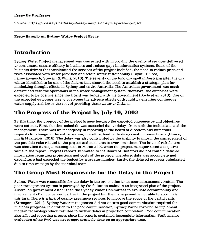 Essay Sample on Sydney Water Project 