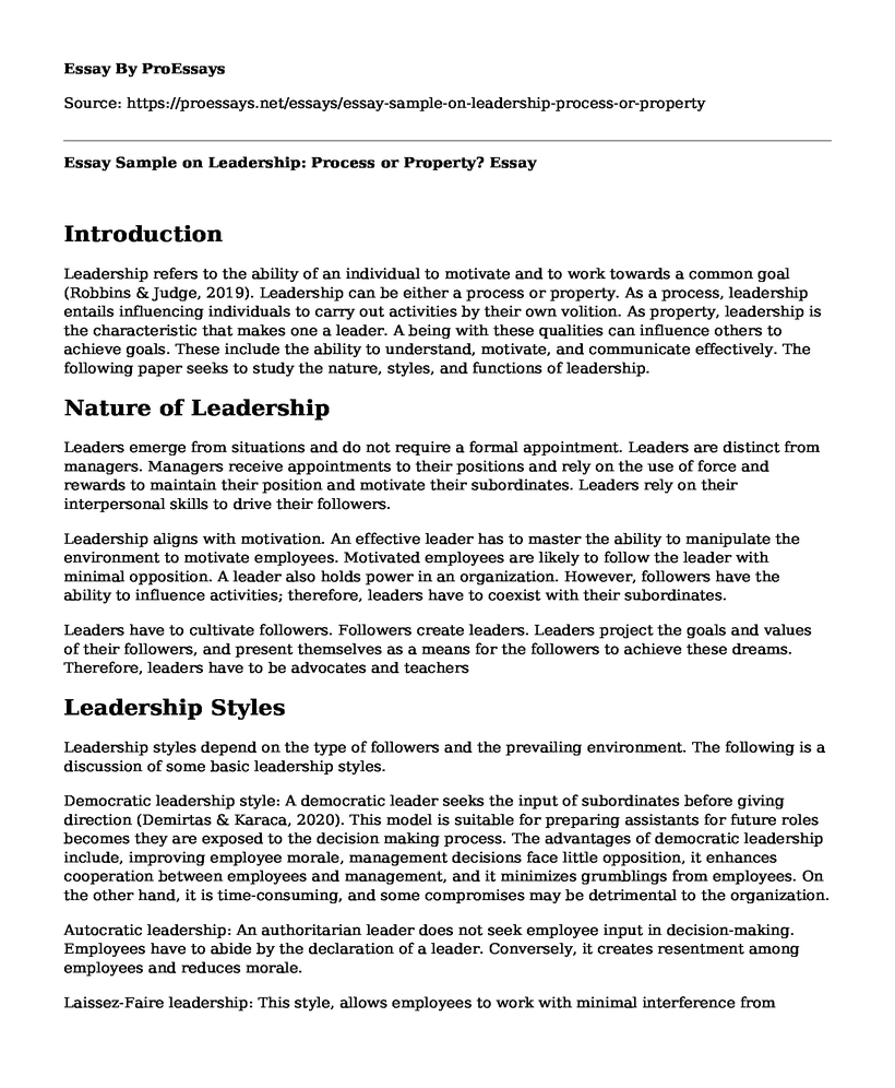 Essay Sample on Leadership: Process or Property?