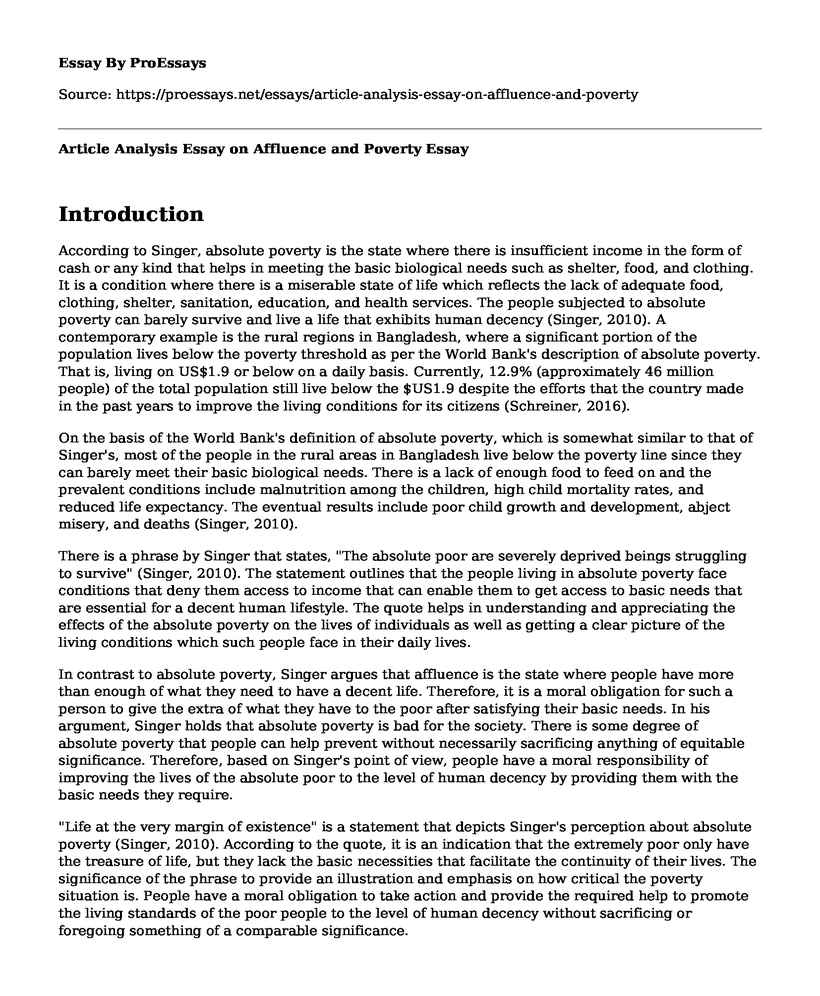 Article Analysis Essay on Affluence and Poverty