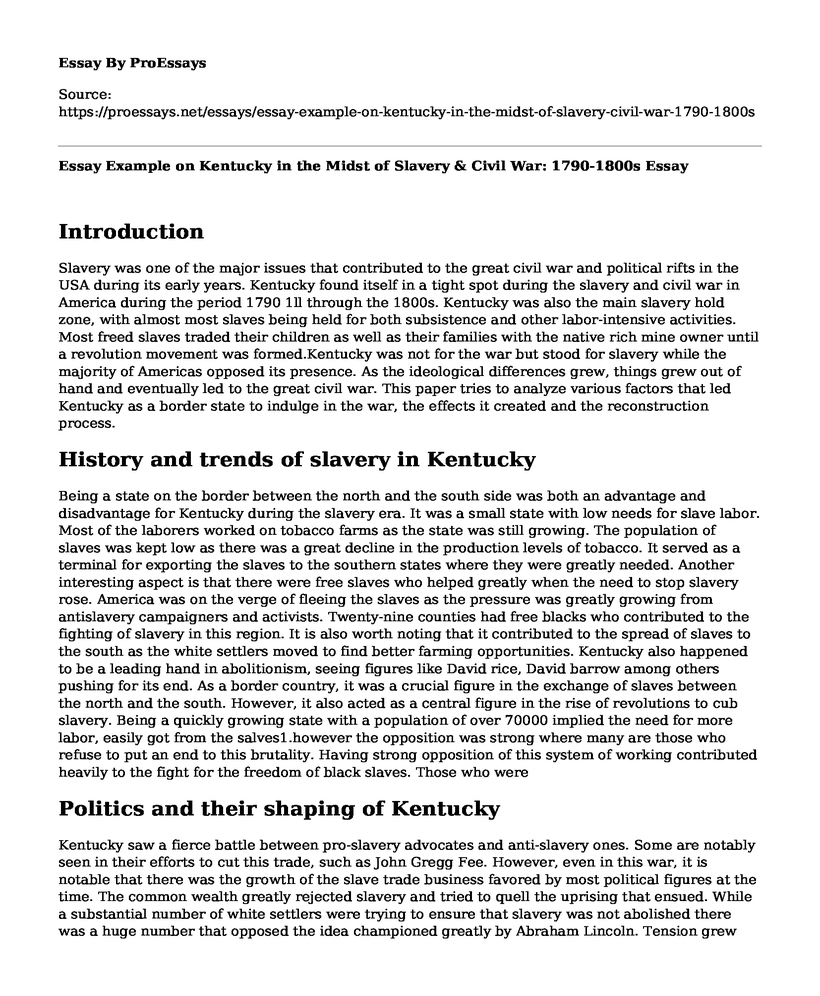 Essay Example on Kentucky in the Midst of Slavery & Civil War: 1790-1800s