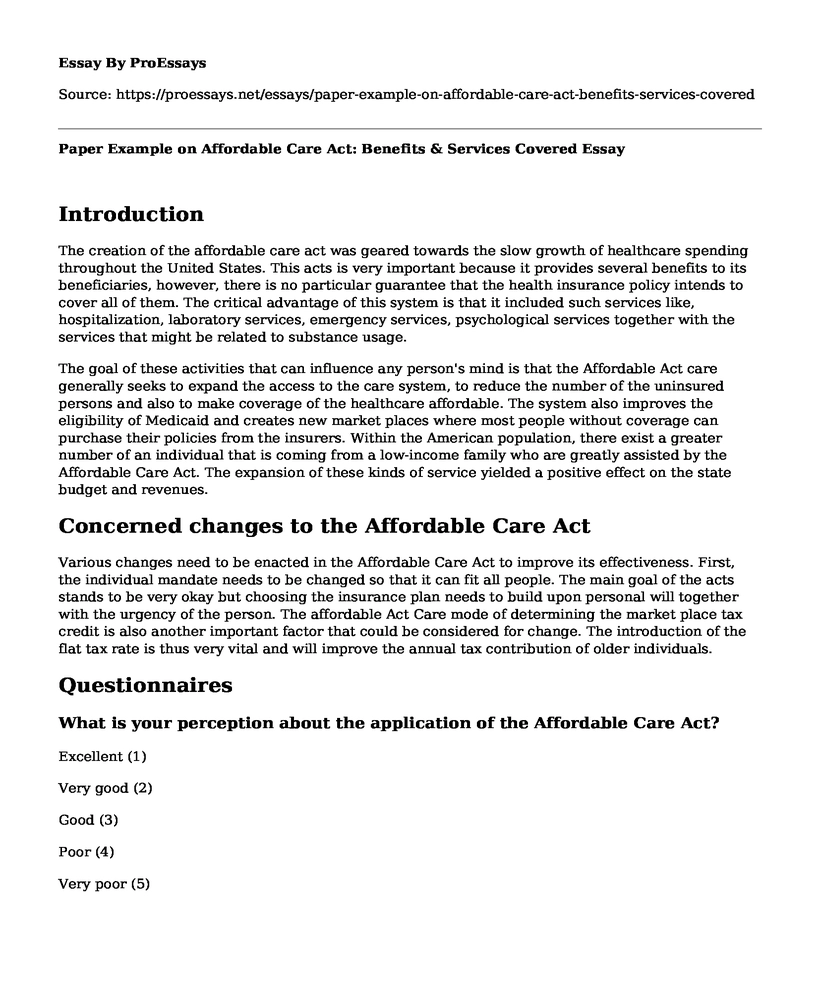 Paper Example on Affordable Care Act: Benefits & Services Covered