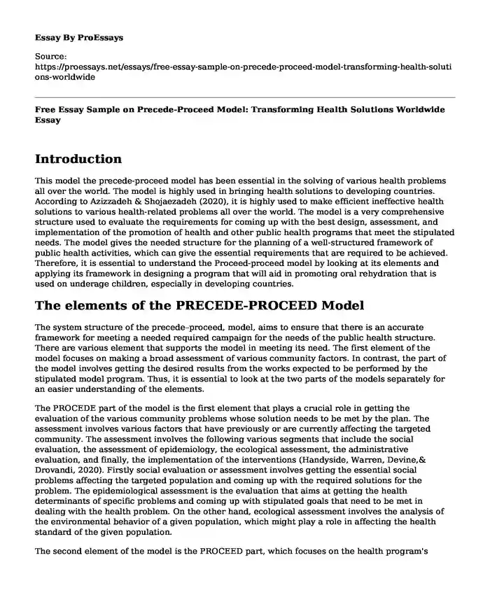 Free Essay Sample on Precede-Proceed Model: Transforming Health Solutions Worldwide