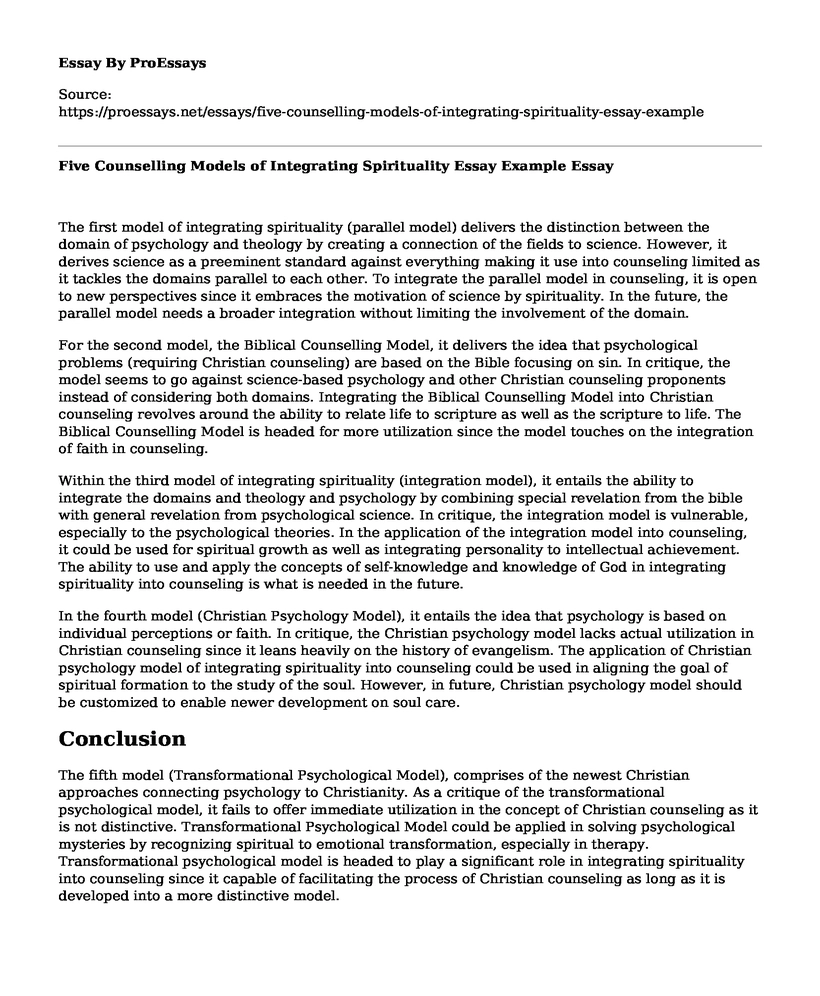 Five Counselling Models of Integrating Spirituality Essay Example